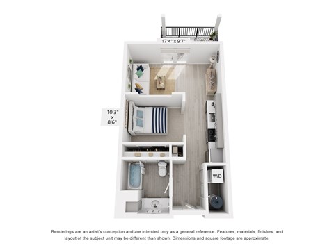 Floor plan for studio, 1 bath, 558 sqft